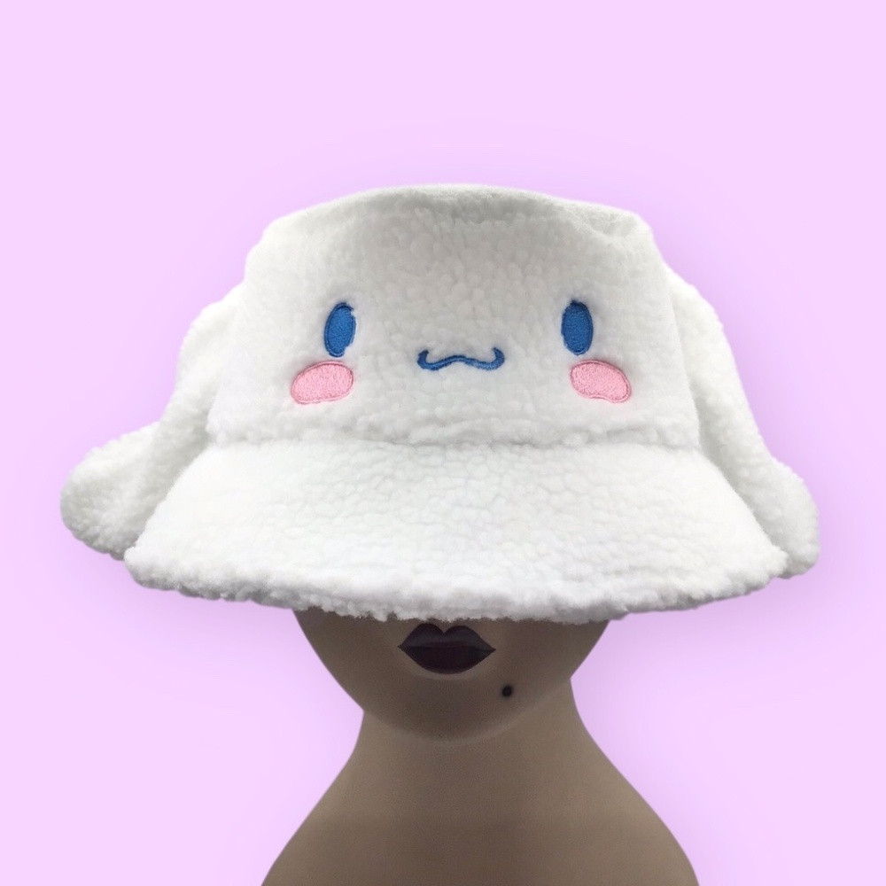 Sanrio Cinamoroll Kawaii Fleece Bucket Hat with Ears, Cute Plush Winter Hat